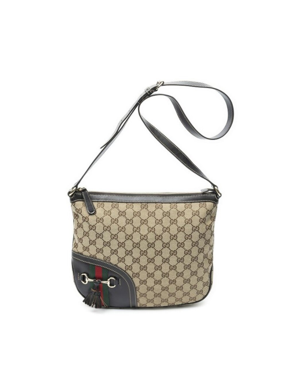 Gucci Web Horsebit Cross Dark Brown Beige GG Canvas Crossbody